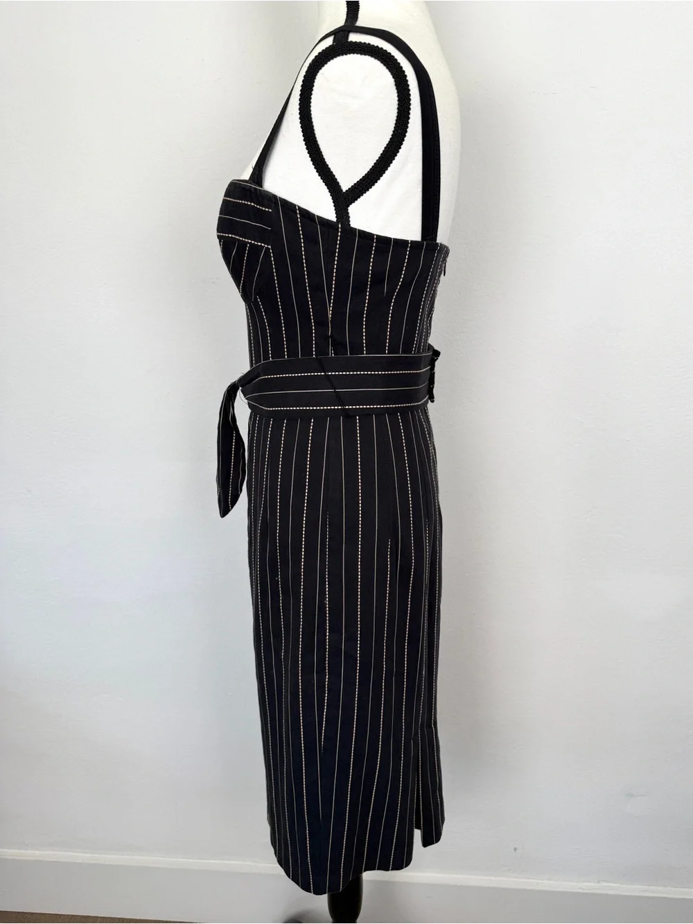 Vintage Nanette Lepore Size 6 Black Pinstripe Belted Corset Sheath Dress - Picture 6 of 13